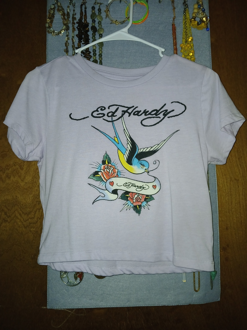 Ed Hardy Lavender Crop Top with Swallow & Roses